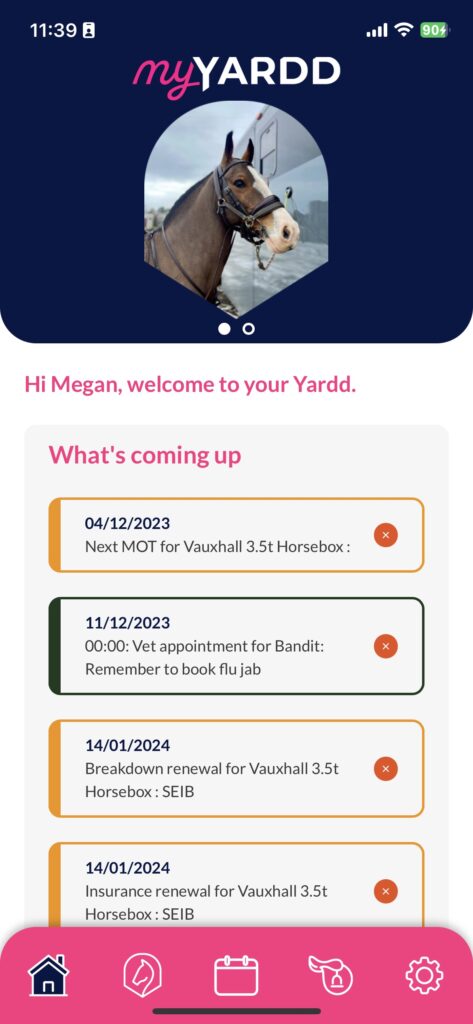 myYardd app showing the homepage which shows what upcoming equine commitments you have 
